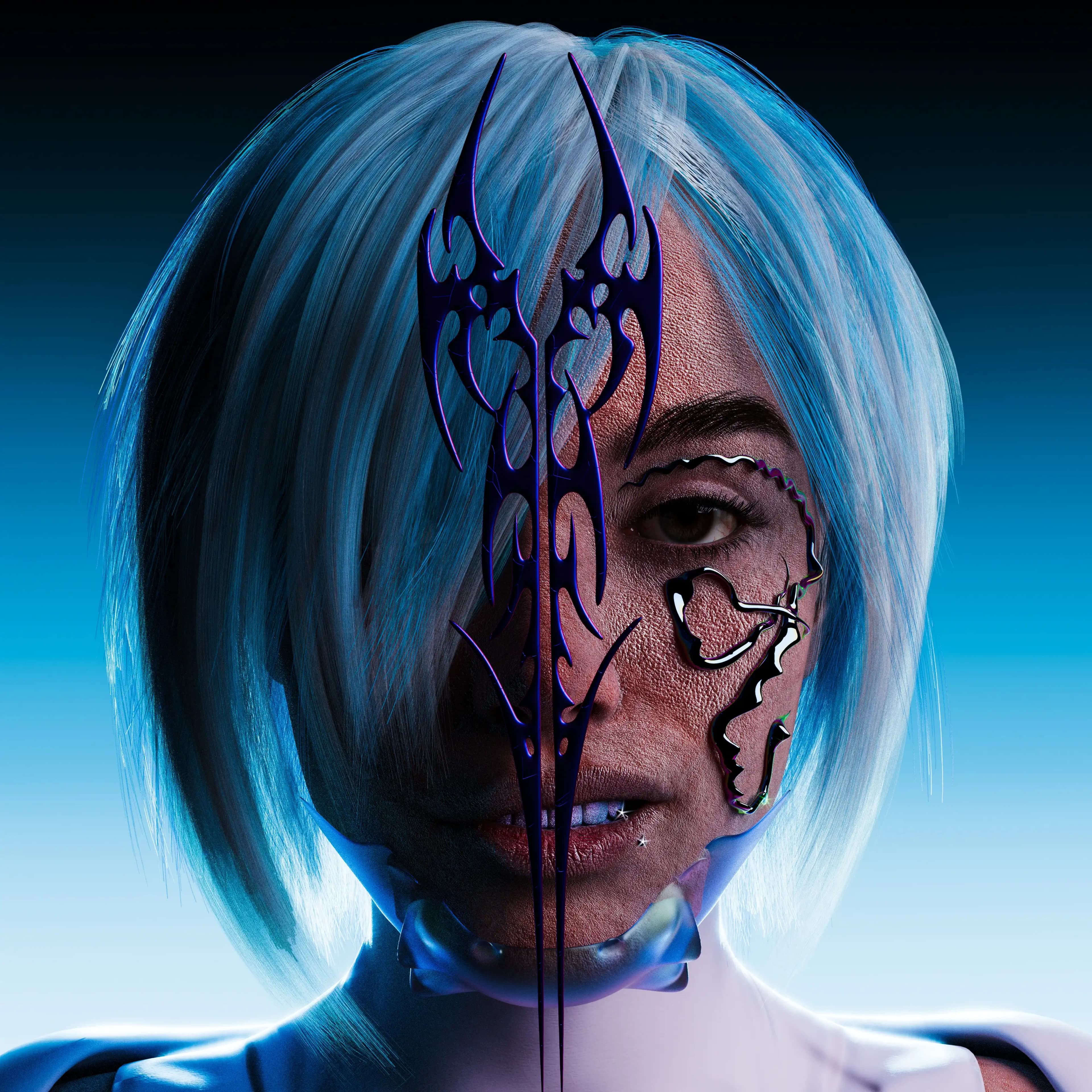 3D render: portrait with icy blue hair and a black ornamental mask