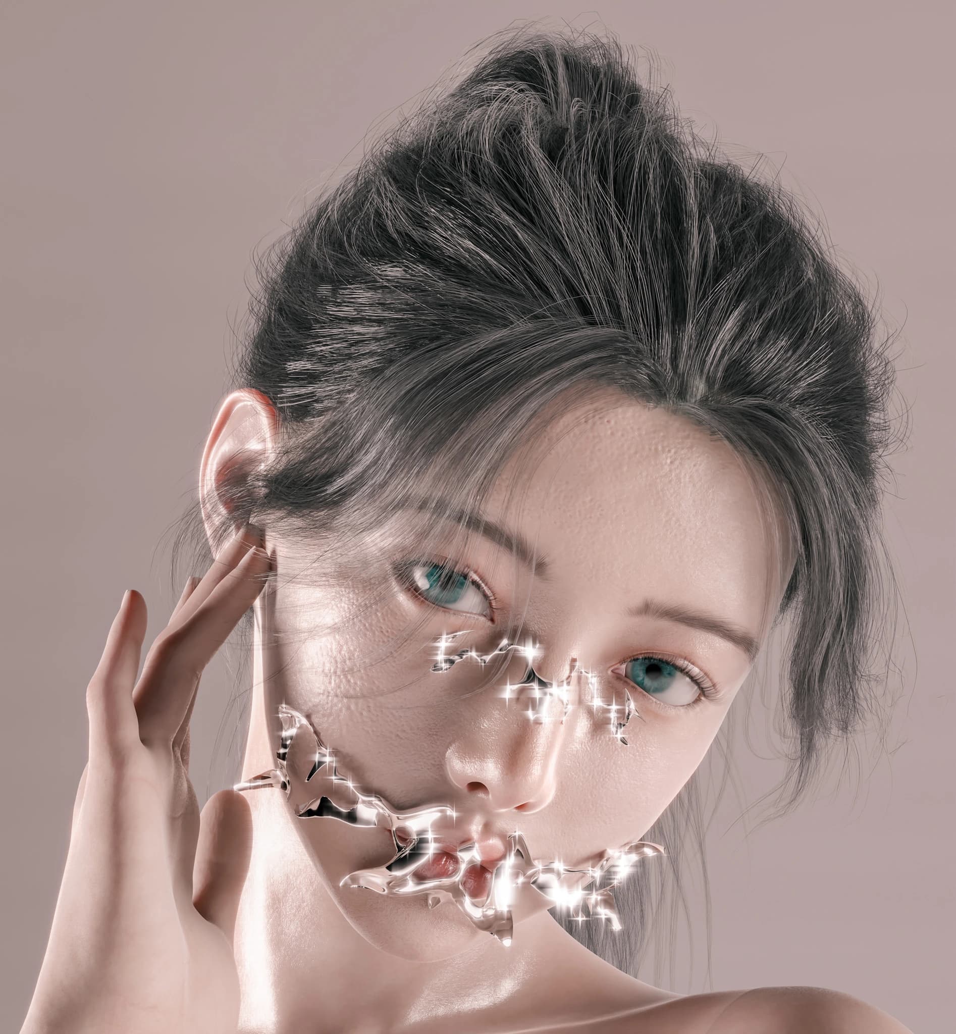 3D render: silver-haired face with a liquid chrome mask