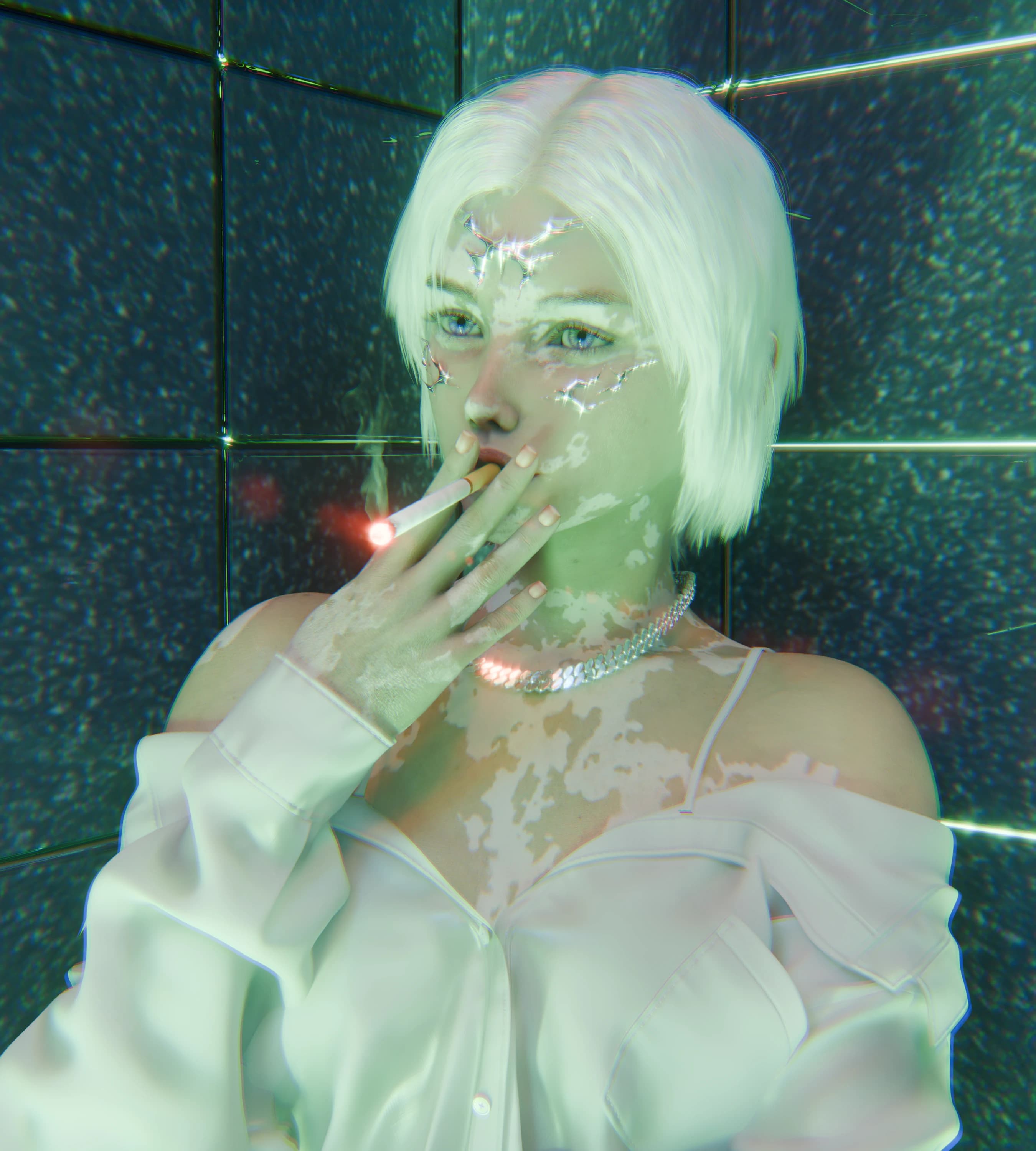 3D render: platinum-haired figure smoking under green light
