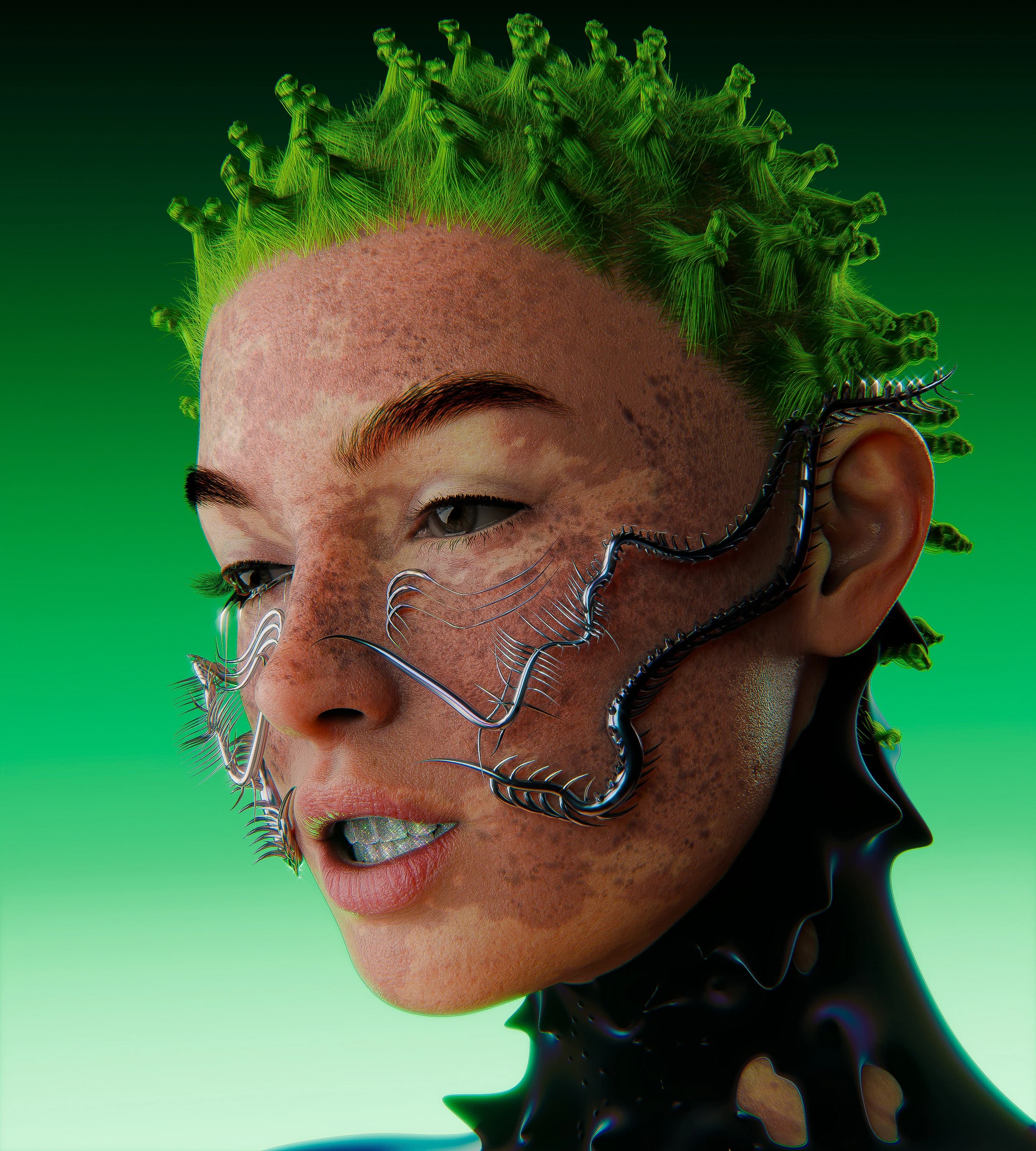 3D render: green-haired face with chrome veins