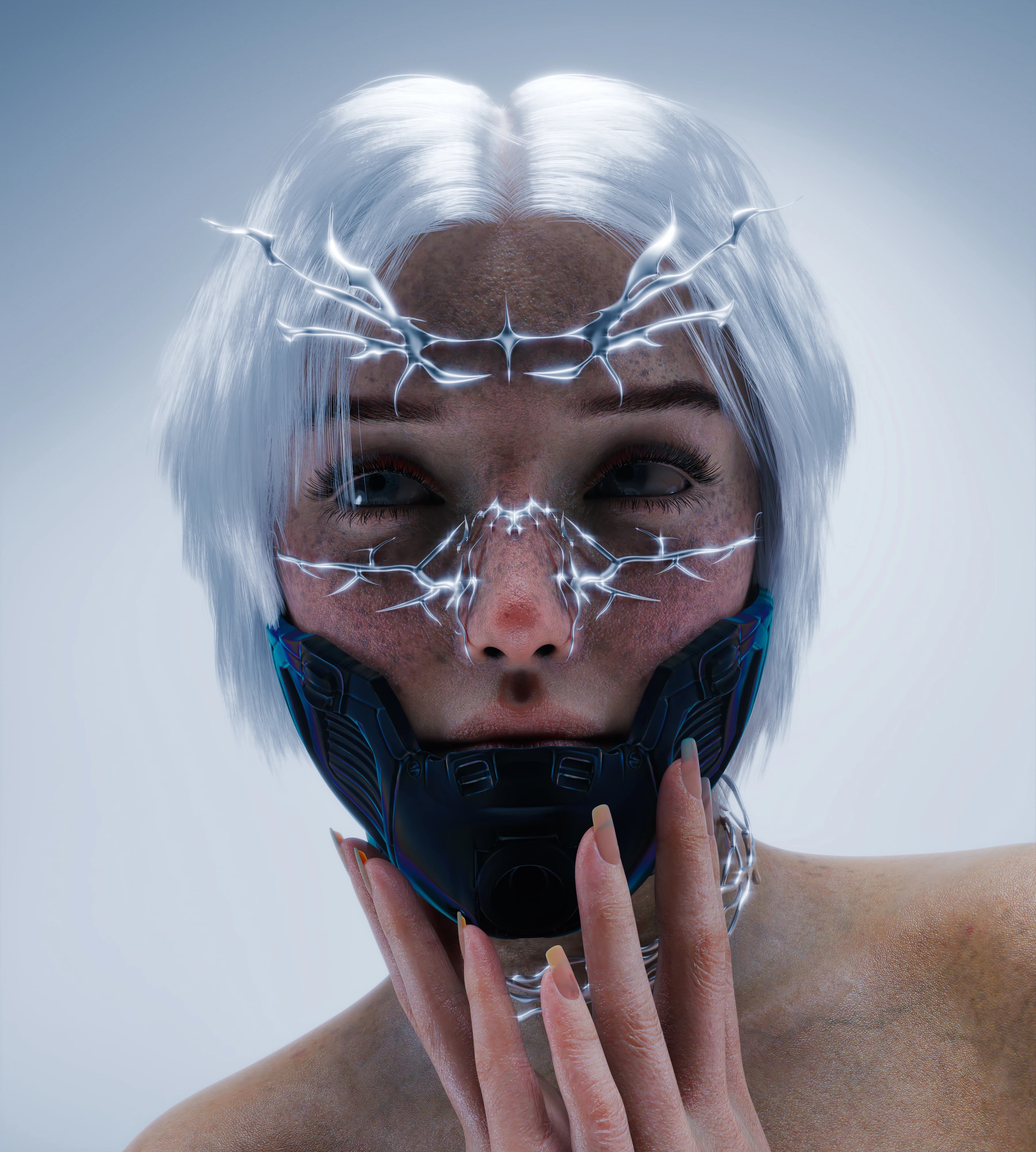 3D render: face with a chrome thorn crown and a black jaw mask